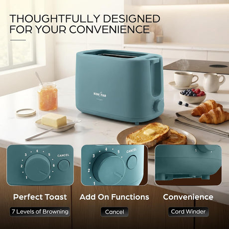 A teal Kemin Tar 2-slice toaster sits on a kitchen countertop with breakfast items around it, including toast, croissants, fruit, butter, and cups. Large text at the top reads 'THOUGHTFULLY DESIGNED FOR YOUR CONVENIENCE,' and three inset feature callouts at the bottom highlight adjustable browning levels, cancel function, and cord winder.