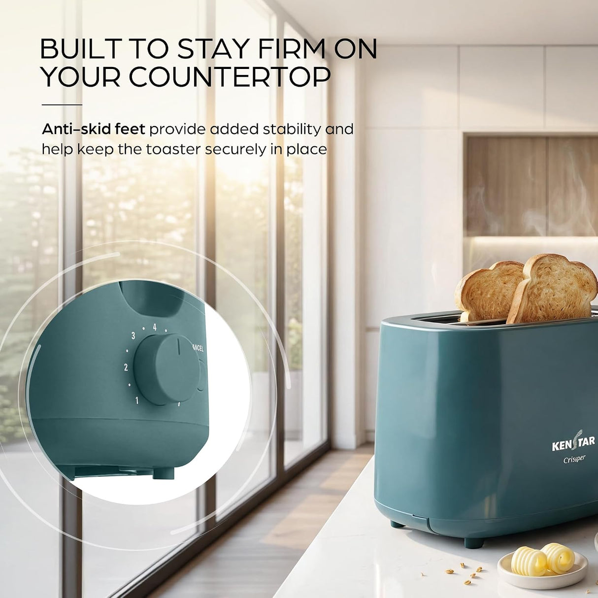 A teal Kenitair Origami toaster sits on a kitchen counter with two slices of toast in the slots. Large text at the top explains built-in anti-skid feet for countertop stability, and a circular inset shows a close-up of the dial.