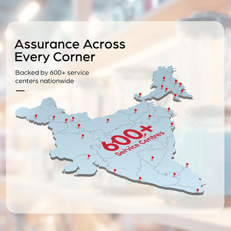 Promotional graphic with a stylized map of England marked with red pin icons and large red text reading '600+ Service Centres.' Text at the top says 'Assurance Across Every Corner' and 'Backed by 600+ service centers nationwide.