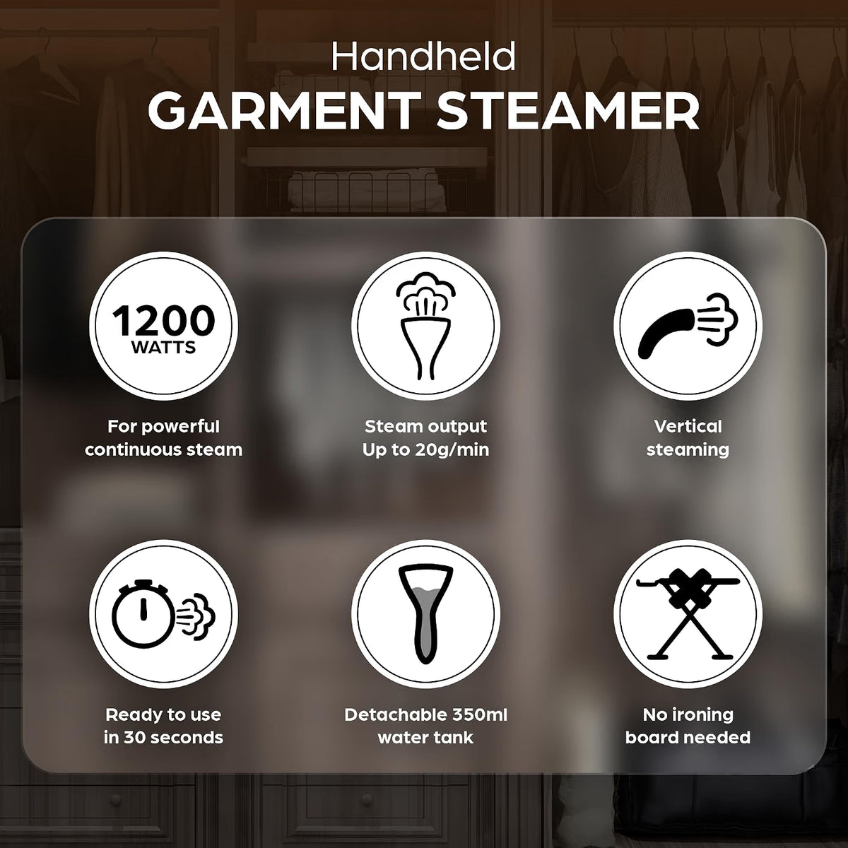 Promotional graphic for a handheld garment steamer with six feature icons and text on a dark, blurred interior background. Text reads 'Handheld GARMENT STEAMER' and lists specs: 1200 watts, steam output up to 20g/min, vertical steaming, ready to use in 30 seconds, detachable 350ml water tank, and no ironing board needed.