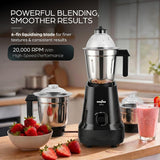 Kenstar countertop blender shown in a kitchen setting with promotional text. The main product is a black blender base with a clear lid and stainless steel jar, alongside two detachable jars and a pink drink.