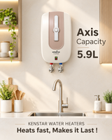 A Kenstar water heater mounted on a beige kitchen wall above a sink, with text reading 'Axis Capacity 5.9L' and 'KENSTAR WATER HEATERS Heats fast, Makes it Last!'.