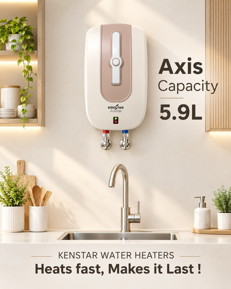 A Kenstar water heater mounted on a beige kitchen wall above a sink, with text reading 'Axis Capacity 5.9L' and 'KENSTAR WATER HEATERS Heats fast, Makes it Last!'.