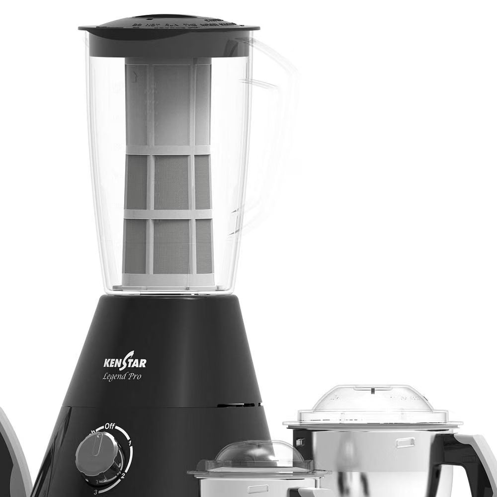 A KENSTAR Liquid Pro blender base in matte black with a clear pitcher and filter, shown alongside other blender attachments on a clean white background.