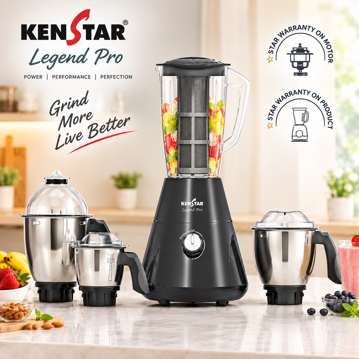 KenStar Legend Pro blender set with a black main blender jar filled with fruit, shown with three stainless steel attachments on a kitchen countertop. The image includes KenStar branding, promotional text, and warranty callouts on a bright kitchen background.