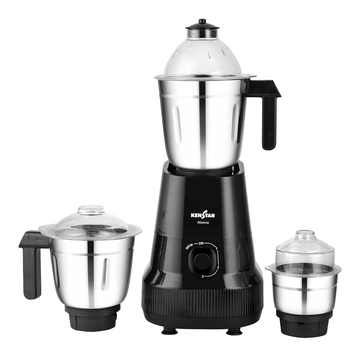 A Kenstar Mini food mixer grinder set with a black base, stainless steel jar, and two additional smaller jars, all shown on a plain white background.
