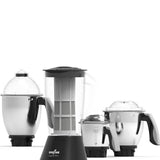 Three Kenstar Signal Pro countertop kitchen appliances in a clean studio setup on a white background: a large silver and black juicer on the left, a tall clear-and-black blender jar in the center, and a smaller silver and black grinder on the right.