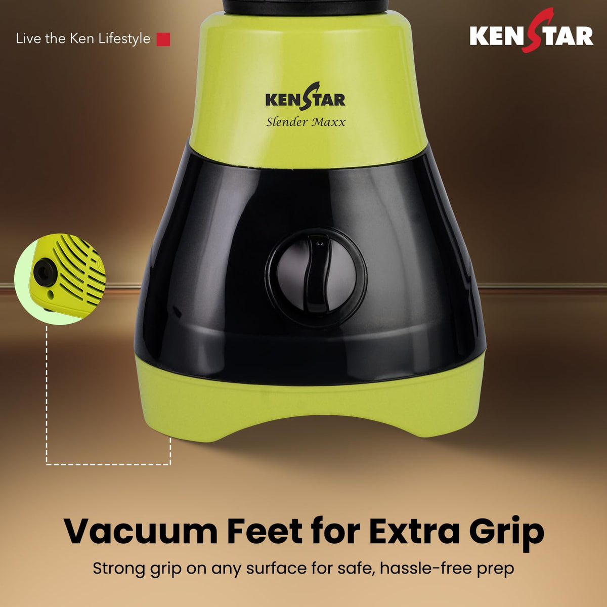 this kenstar mixer grinder has vacuum feet for extra grip as it has strong grip on any surface for safe , hassle free prep . 