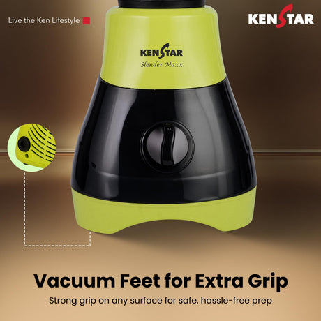 this kenstar mixer grinder has vacuum feet for extra grip as it has strong grip on any surface for safe , hassle free prep . 