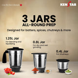 this mixer grinder comes with 3 jars each capacity has 1.25L jar for blending and liquidizing ,  0.8L for dry and wet grinding and 0.4L jar for chutneys 