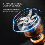 Close-up of a blender blade assembly with stainless steel blades and metallic copper gears on a dark background, with blue light effects and text reading 'STAINLESS STEEL ULTIMA BLADES' and 'High-performance blades for effortless grinding & mixing.'.