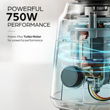 Close-up of a transparent cylindrical appliance or device showing internal motor components with blue airflow graphics and text reading 'POWERFUL 750W PERFORMANCE' on a light gray background.