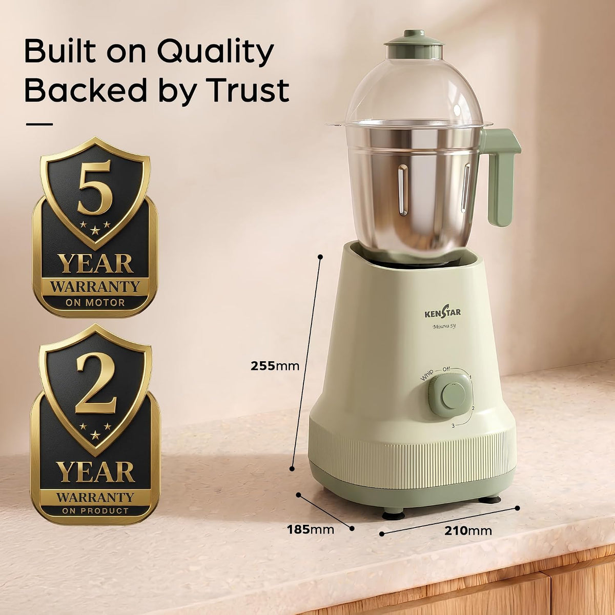 This product has 5 years of warranty on motor and 2 years of warranty on product .