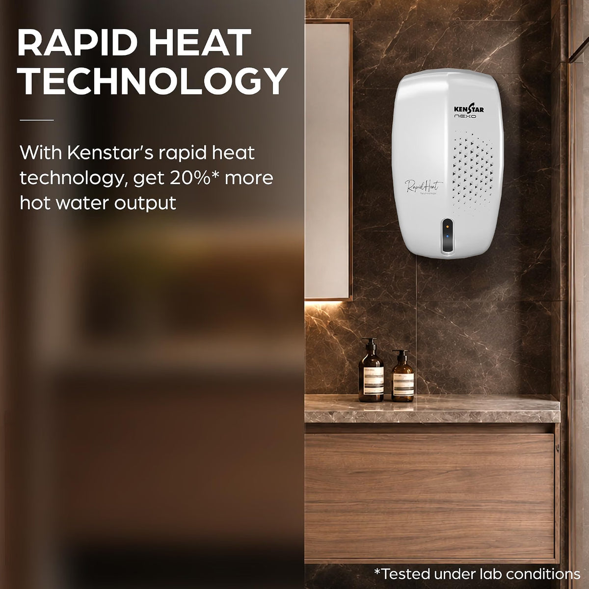 A Kenstar wall-mounted dispenser shown installed in a bathroom setting with a marble countertop and dark brown tiled wall. Text on the left highlights rapid heat technology.