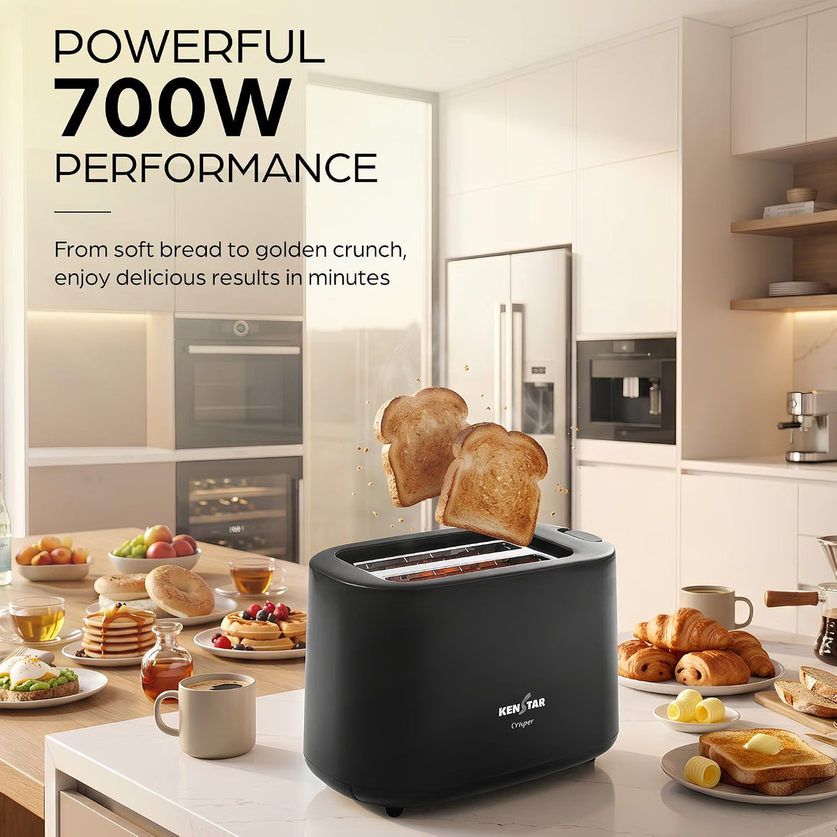 A black KUNFAV 2-slice toaster sits on a kitchen counter with two slices of toast popping out. The scene is set in a bright, modern kitchen with breakfast items on the counter, accompanied by promotional text highlighting 700W performance.