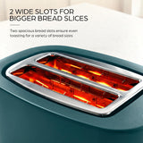 Close-up of a toaster with two wide slots and glowing heating elements, shown with marketing text that reads '2 WIDE SLOTS FOR BIGGER BREAD SLICES'.