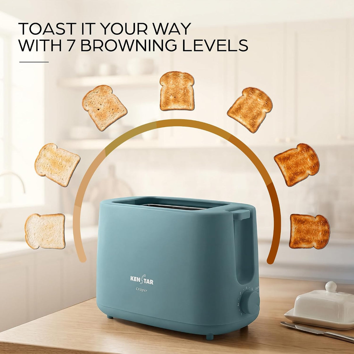 A blue Kenstar toaster sits on a wooden table in a bright kitchen setting, with floating slices of toast arranged in a semi-circle and the text 'TOAST IT YOUR WAY WITH 7 BROWNING LEVELS' above it.