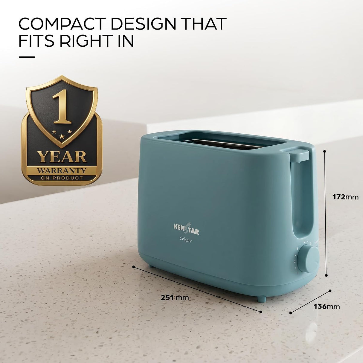 A compact Ken-Tar Classic two-slot toaster in a muted teal-blue color, shown on a light speckled countertop with dimension lines indicating 251mm length, 136mm width, and 172mm height. Text at the top reads 'COMPACT DESIGN THAT FITS RIGHT IN' and a gold '1 YEAR WARRANTY' badge appears on the left.