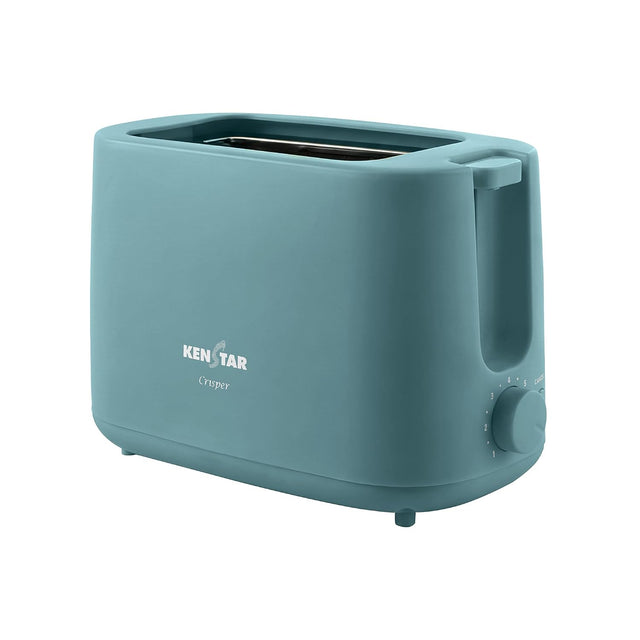 A Ken Tar Crisper two-slot toaster in a muted teal blue color, shown from a three-quarter angle on a solid white background.