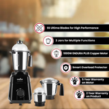 Kingar electric mixie grinder in black and stainless steel, shown alongside three jars and a list of product features on a blurred kitchen background.