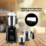 Kingsar stainless steel and black countertop blender shown with two detachable jars on a wooden surface, with text reading 'Hands-free Operation with Clip Locking Lids' and a circular inset showing the clip mechanism.