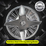 A stainless steel 4-fin liquidising blade shown close-up inside a blender jar, with a circular '100% Stainless Steel' badge and text reading 'Stainless Steel 4 Fin Liquidising Blades' at the bottom.