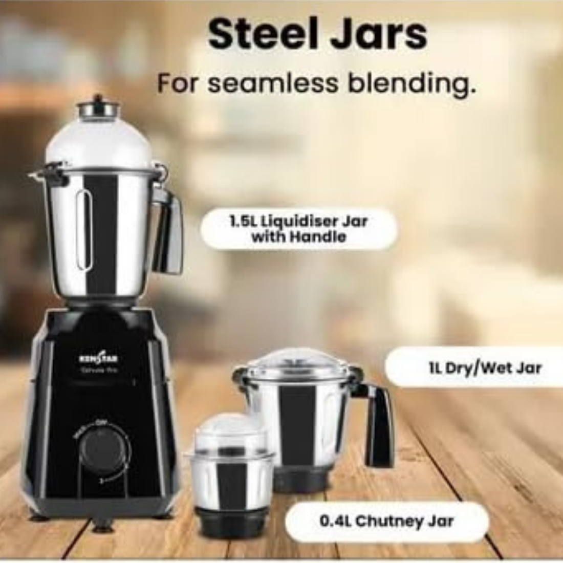 Kingstar 3-in-1 kitchen blender set with three steel jars: a 1.5L liquidiser jar with handle, a 1L dry/wet jar, and a 0.