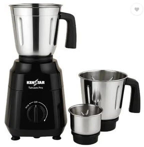 A Kenstar Tatvam Pro electric mixer grinder in black and stainless steel, shown with two detachable stainless steel jars on a white background.