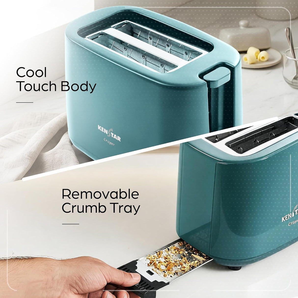 A teal Kenstar crouton toaster shown in a clean kitchen setting, with text overlays highlighting a cool touch body and a removable crumb tray. A hand is shown pulling the crumb tray out in the lower section.