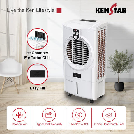This cooler has very powerful air , higher tank capacity, overflow outlet, and has 3 Side Honeycomb Pad.