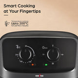 Ken Star smart cooking appliance control panel with two rotary dials, temperature and time settings, on a brushed metal base against a warm beige background with promotional text.