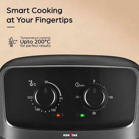 Ken Star smart cooking appliance control panel with two rotary dials, temperature and time settings, on a brushed metal base against a warm beige background with promotional text.