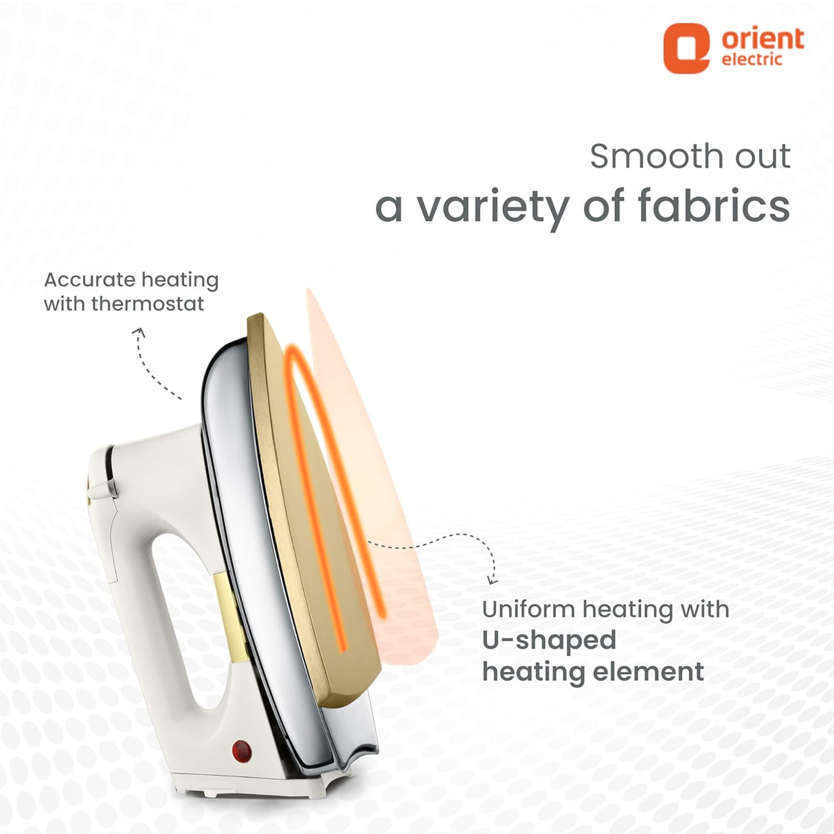 Orient Electric iron with text on a white background
