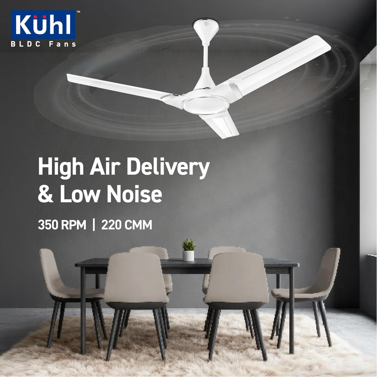 Ceiling fan with dining table and chairs in a room, featuring Kuhl BLDC Fans branding.