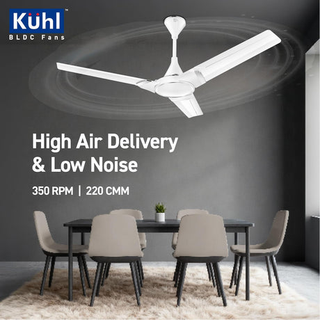 Ceiling fan with dining table and chairs in a room, featuring Kuhl BLDC Fans branding.