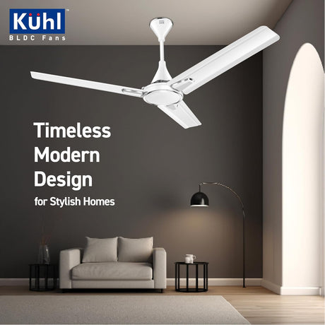 Ceiling fan in a modern living room with 'Kühl' branding and text about timeless modern design.