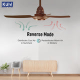 Ceiling fan with 'Kühl' branding and text about reverse mode in a room setting.