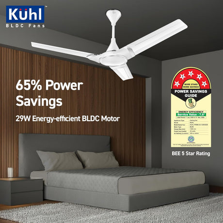 Käuhl ceiling fan in a bedroom with power savings and energy efficiency information.