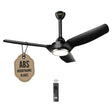 Black ceiling fan with ABS aerodynamic blades label and remote control on a white background