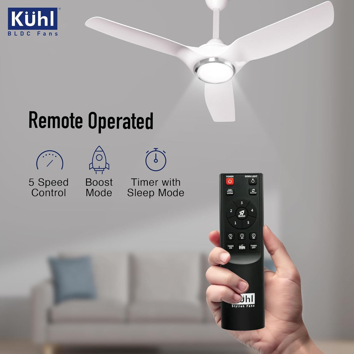 Kühl ceiling fan with remote control in a room setting