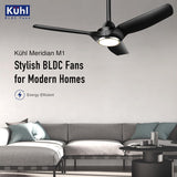 Köhl Meridian M1 ceiling fan in a modern living room setting with 'Köhl' branding.
