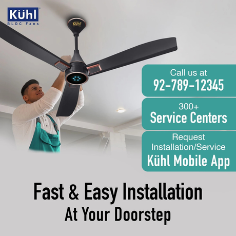 Kähl ceiling fan installation with contact information and service center details.