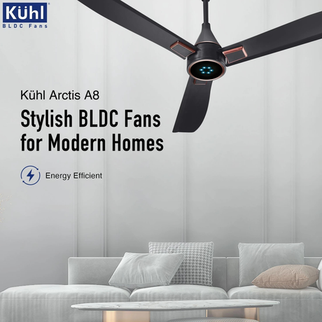 Köhl Arctis A8 BLDC ceiling fan in a modern living room setting.