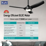 Kuhl ceiling fan with energy efficiency chart in a living room setting