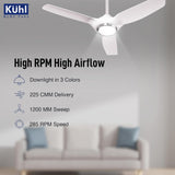 Ceiling fan with Kühl branding and product features listed in a living room setting.