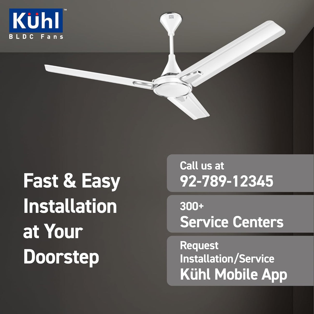 Ceiling fan with promotional text for Köhl BLDC Fans on a dark background