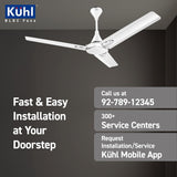 Ceiling fan with promotional text for Köhl BLDC Fans on a dark background