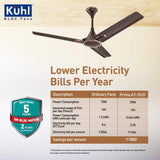 Käuhl BLDC Fans advertisement with a ceiling fan and energy savings information.