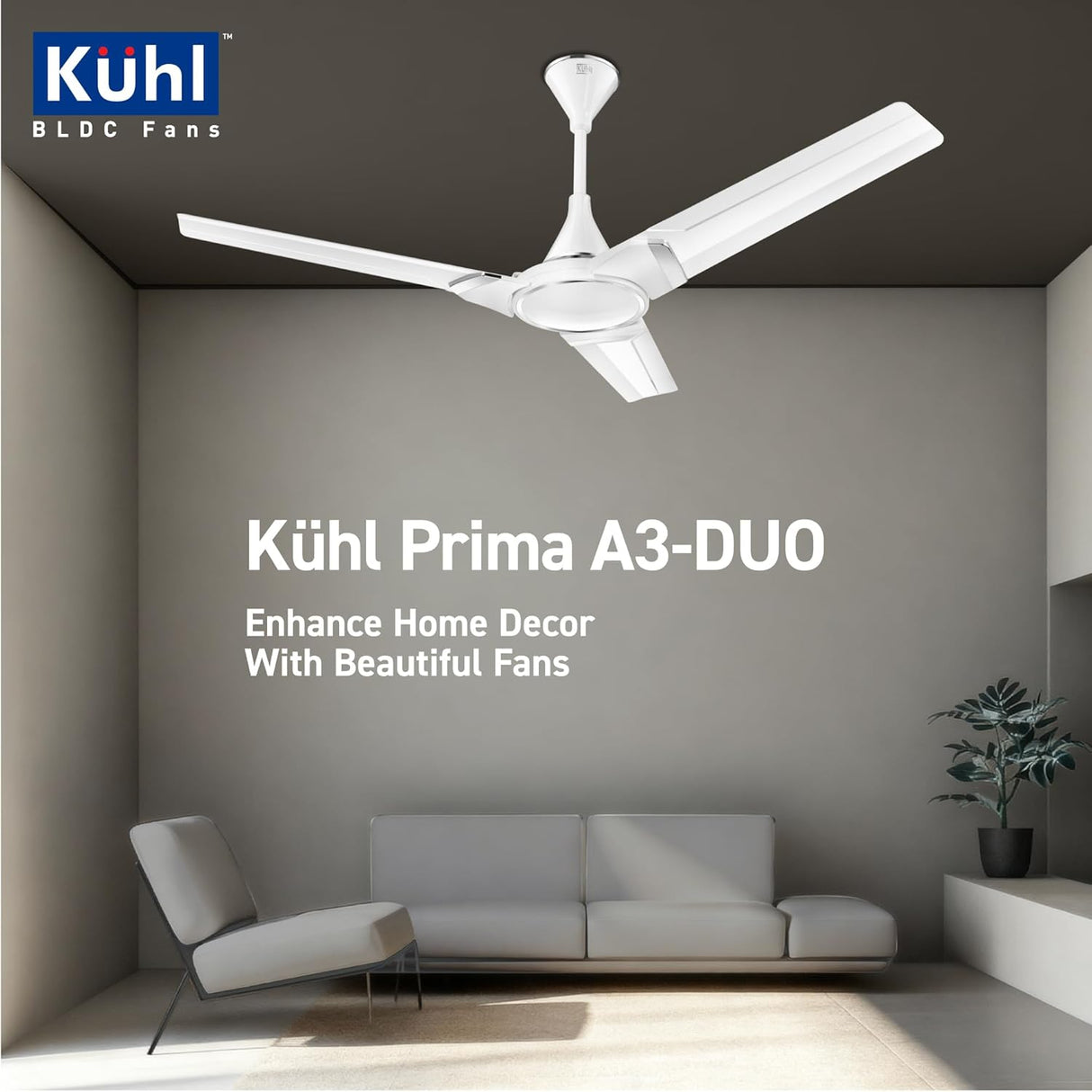 Köhl Prima A3-DUO ceiling fan in a modern living room setting with Köhl branding.