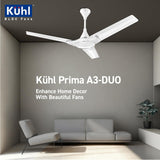 Köhl Prima A3-DUO ceiling fan in a modern living room setting with Köhl branding.
